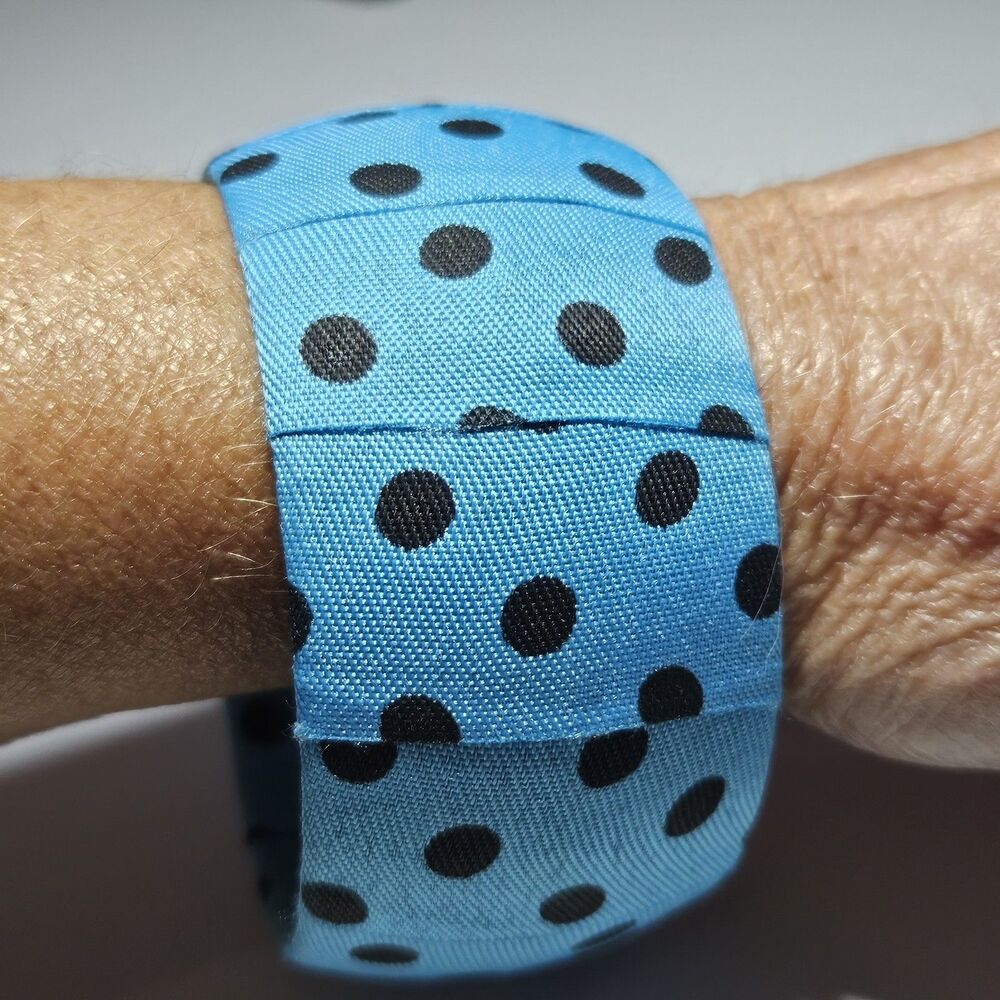 Blue And Black Polka Dot Fabric Ribbon Wrapped Bracelet 8"